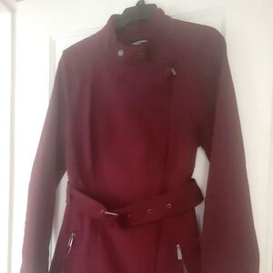 Kenneth Cole Womens Soft Shell Trench Coat Jacket Asymmetrical Belted MAROON Med